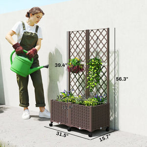 English Elm Mobile Rolling Planter Box with Trellis Self Watering Wicker Style Patio Garden Bed Brown T3971P467055