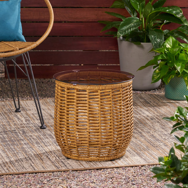 English Elm Christopher Knight Home® - ARIAS RATTAN SIDE TABLE with Tempered Glass Top, Boho Drum Design, Durable Woven Polyethylene Finish Light Brown 65764.00LBRN