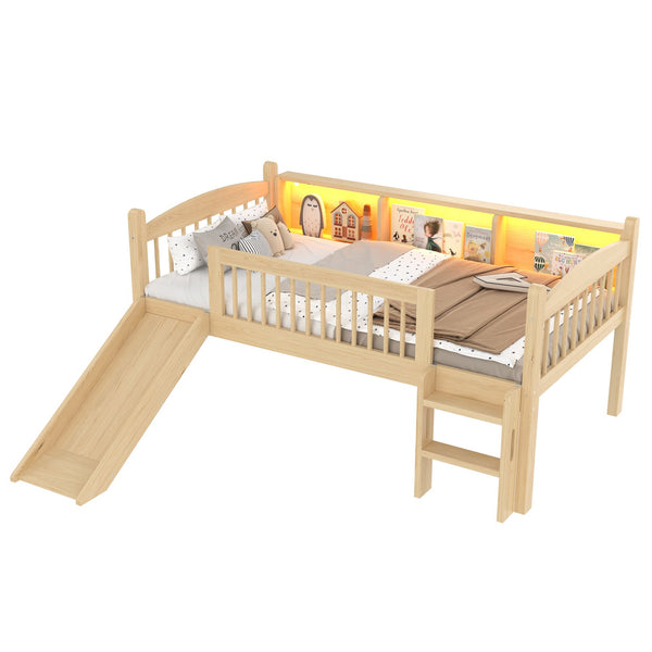 English Elm Twin Xl Solid Pine Loft Bed with Built-in Led Lighting and Storage Shelves Natural W1580S00366