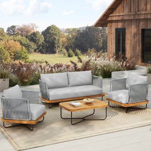 English Elm Christopher Knight Home® - Lucca Outdoor 4-Piece Acacia Wood Conversation Set With Water-Repellent Cushions For Stylish Living N773OC00019G