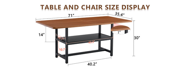 English Elm 71 Inch Fashionable Walnut Grain Dining Table with Sturdy Metal Legs, Scratch-Resistant MDF Top, Storage Shelf, Minimalist Design Walnut+black W1151P364851