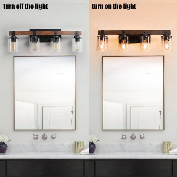 English Elm 27" Rustic 4-Light Vanity Light with Clear Glass Shades and Wood Accent, Industrial Farmhouse Glow W2312P374783