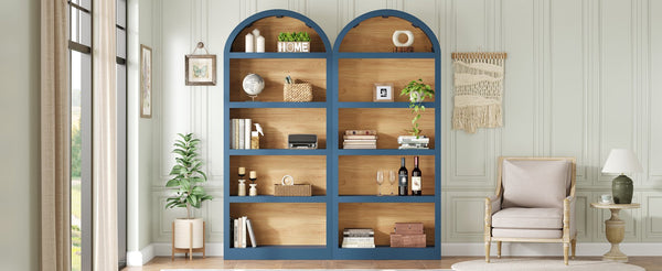 English Elm On-trend Farmhouse Two-tone Bookcase Set Arched Fabric Crown Open 5-tier Shelving Blue N721P411205C