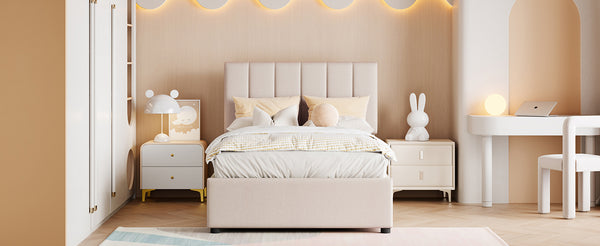 English Elm Twin Upholstered Hydraulic Storage Bed with Vertical Stripe Headboard, Space-Saving Modern Platform Beige SF000185AAA