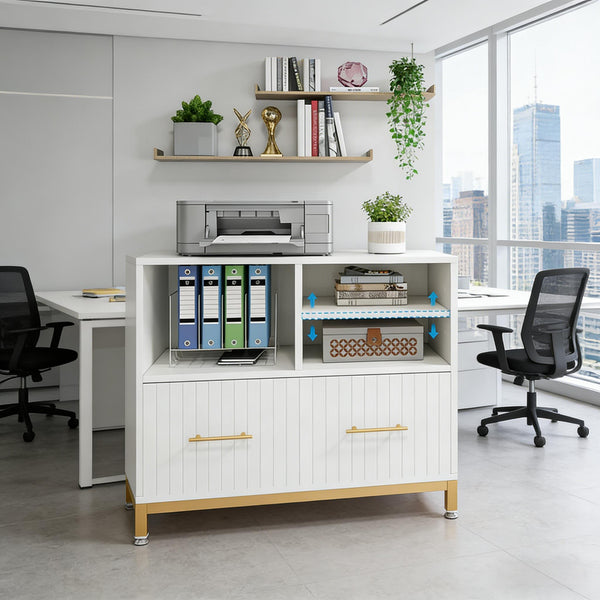 English Elm Practical Gold Frame File Cabinet with Open Shelving and Wood Tone Mdf Panels T3971P449088