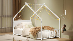 English Elm Twin House Shaped Metal Bed Frame with Led Lights and Wood Slats for Kids W1820P356049