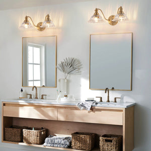 English Elm 20 Inch 2-Light Vintage Bathroom Wall Sconce with Iron and Glass Shades – Elegant Vanity Lighting for Mirror and Hallway Gold W2312P374843