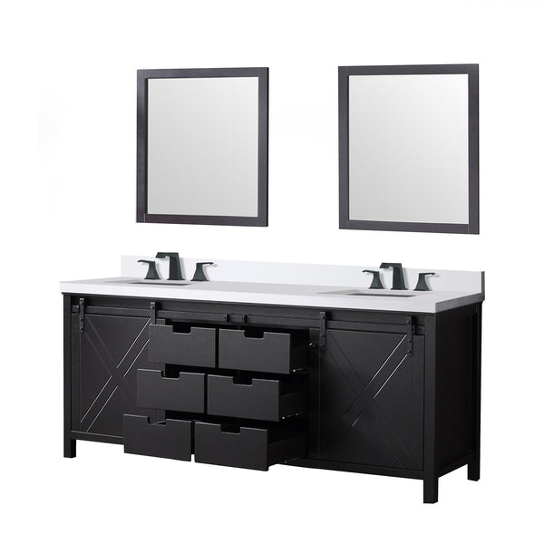 English Elm Brown Double Bath Vanity 80" W x 22" D with Cultured Marble Top, Matte Black Faucets, Dual 30" Mirrors, Scratch-Resistant Surface B2731S01120