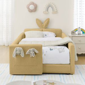 English Elm Twin Boucle Upholstered Kids Bed with Rabbit Ear Headboard Safety Rail and Side Pocket W1413P410784