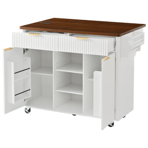 English Elm K&k Fluted Rolling Kitchen Island Faux Marble Top Power Outlet Drop Leaf Storage White N707S000019W
