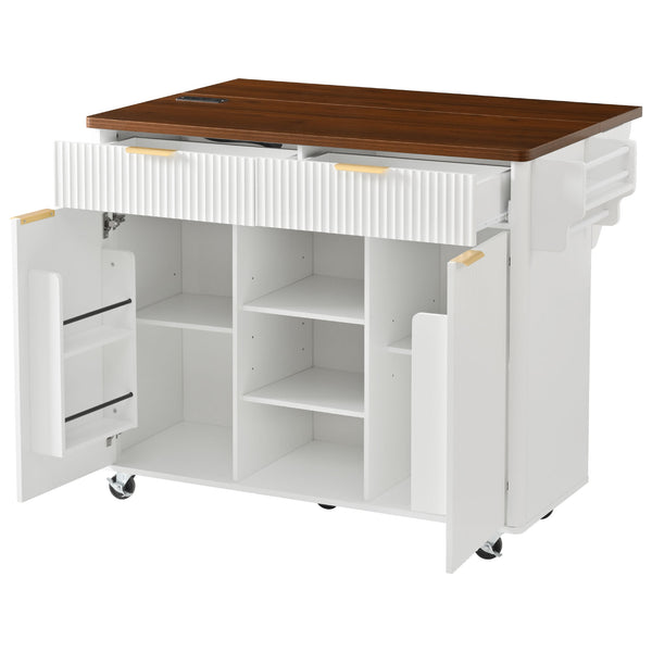 English Elm K&k Fluted Rolling Kitchen Island Faux Marble Top Power Outlet Drop Leaf Storage White N707S000019W