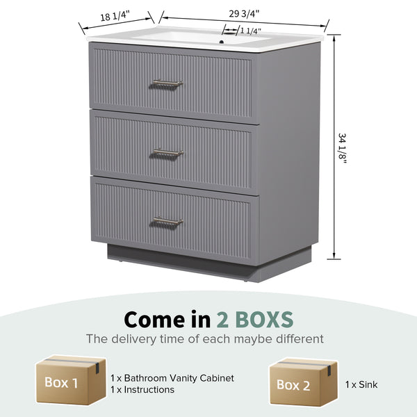 English Elm 30 Inch Bathroom Vanity With Ceramic Sink Combo - Modern Gray Freestanding Storage Cabinet Set W1550S00046