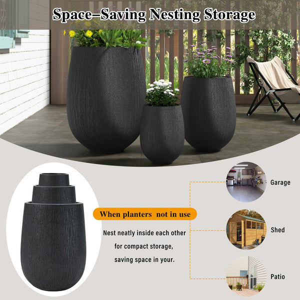 English Elm U_style Egg Shaped Mgo Stone Look Planters Set of 3 Sculptural Pots for Patio Garden N711P406659B