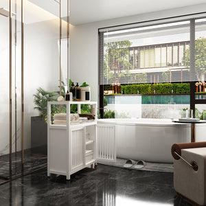 English Elm White Bamboo Storage Cabinet with Shelves — Large Capacity Freestanding Bathroom & Living Room Organizer, Durable Eco-Friendly Design W2207P242509