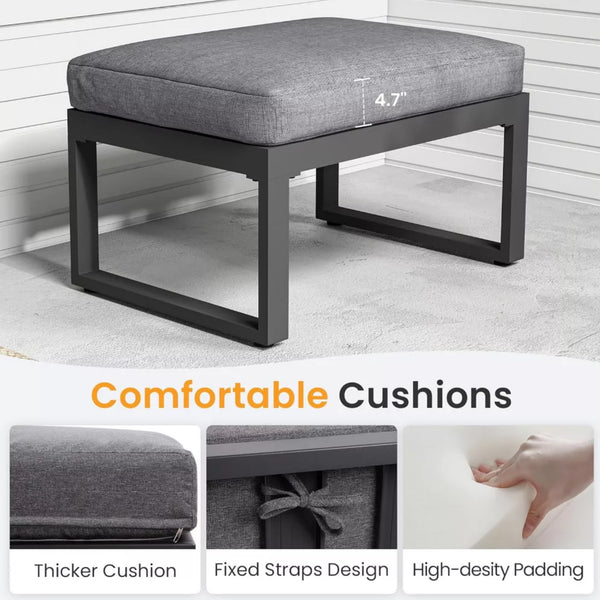 English Elm Set of 2 Outdoor Aluminum Powder-coated Patio Ottomans with Water-repellent Cushions Black+Grey B082P455135
