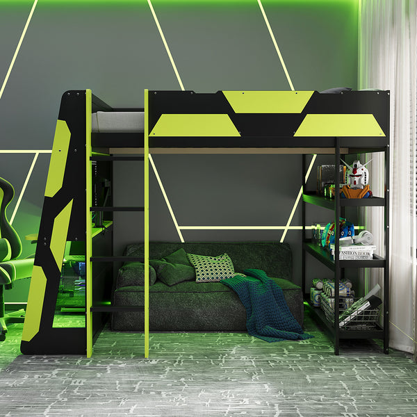 English Elm Full Size Gaming Loft Bed with Led Lighting Desk Shelves and Usb Charging Ports N820S00076F