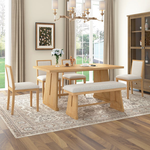 English Elm Trexm Six Piece Farmhouse Dining Set Wire Brushed Oak Veneer Table Linen Chairs Bench Natural ST000155AAN
