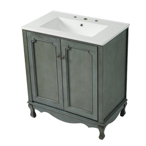 English Elm Christopher Knight Home® - 30" Vintage Bathroom Vanity with Rectangle Ceramic Sink, Rubber Wood Legs, Soft-Close Doors, Adjustable Shelves Antique blue green,Teal N817P245316B