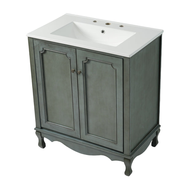 English Elm Christopher Knight Home® - 30" Vintage Bathroom Vanity with Rectangle Ceramic Sink, Rubber Wood Legs, Soft-Close Doors, Adjustable Shelves Antique blue green,Teal N817P245316B