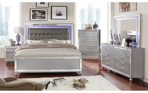 English Elm 2 Drawers Nightstand With Mirror Trim, Textured Silver Finish & Elegant Bun Feet For Modern Spaces B016P252337