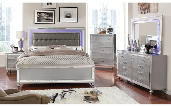 English Elm 2 Drawers Nightstand With Mirror Trim, Textured Silver Finish & Elegant Bun Feet For Modern Spaces B016P252337