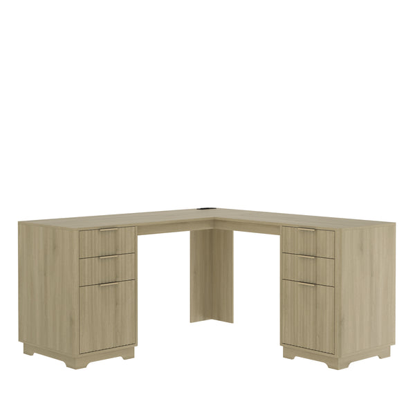 English Elm L Shaped Corner Desk with Storage Cabinet and Built in Charging Station for Home Office W1321S00038