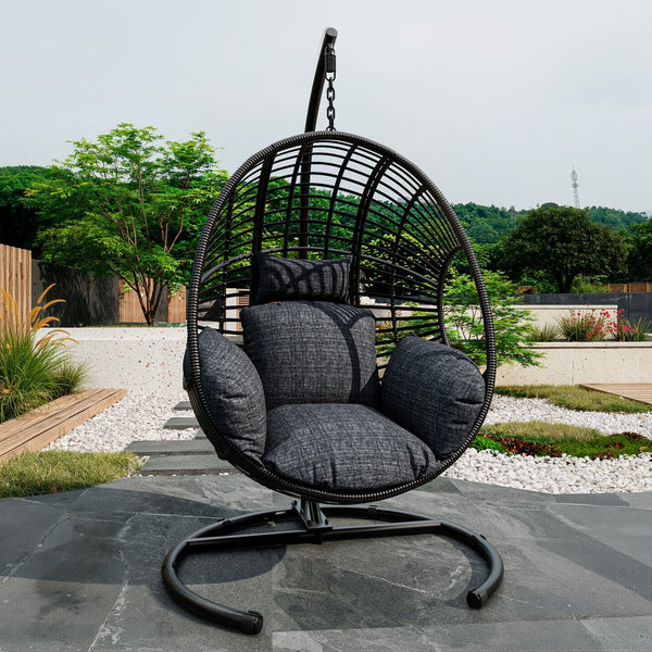 English Elm 42 Inch Hanging Egg Chair Woven Pe Rattan Patio Swing with Thick Cushion 400lb Black W3979S00005