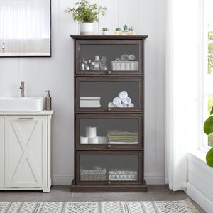 English Elm Glass 4-Tier Display Cabinet with Tempered Glass Doors, Flip-Up Access, Aluminum Frame, Elegant Chic Storage for Collectibles and Books Brown W2275P206601