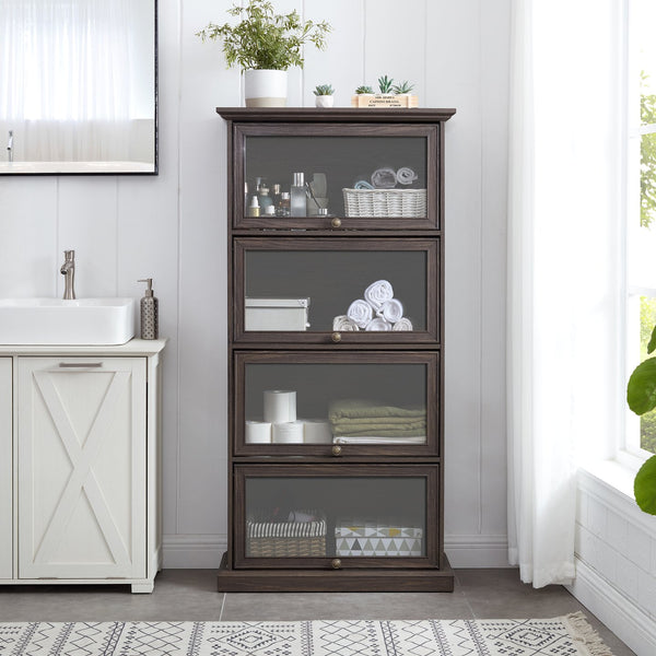 English Elm Glass 4-Tier Display Cabinet with Tempered Glass Doors, Flip-Up Access, Aluminum Frame, Elegant Chic Storage for Collectibles and Books Brown W2275P206601