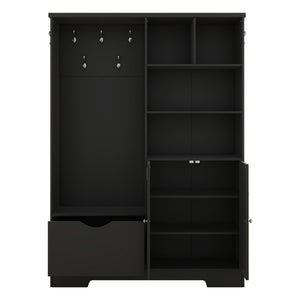 English Elm Multi-functional Entryway Hall Tree with Hooks Bench Drawer Cabinet in Matte Black W1307S00034