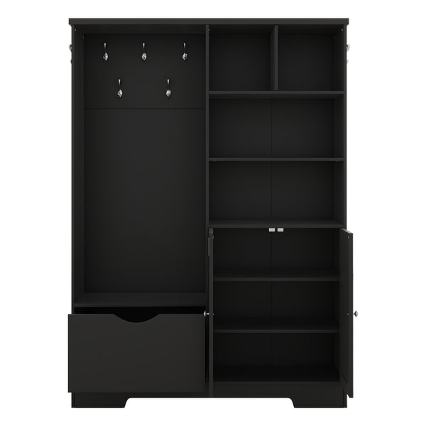 English Elm Multi-functional Entryway Hall Tree with Hooks Bench Drawer Cabinet in Matte Black W1307S00034