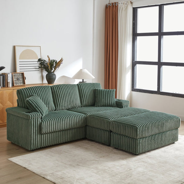 English Elm 84Inch Corduroy sofa with 3 back & 2 toss pillows, 2 ottomans, cup holders, deep seat, storage space W834S00550