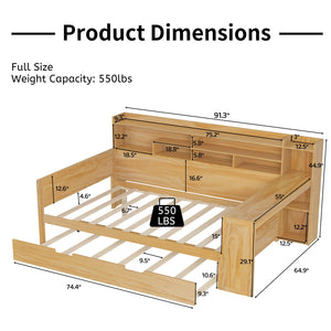 English Elm Wooden Twin Daybed with Trundle Built-in Desk and Open Shelves for Kids Rooms Natural N733S373391M
