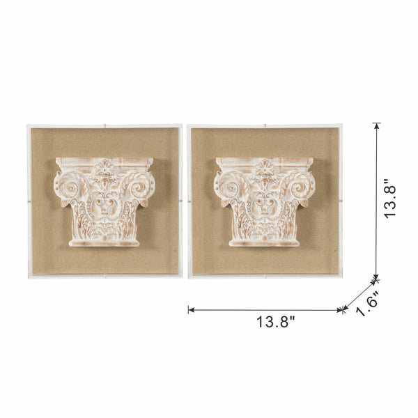 English Elm S/2 Corinthian Relief Square Wall Panels Washed White Sculptural Art for Classic Interiors W2078P313342