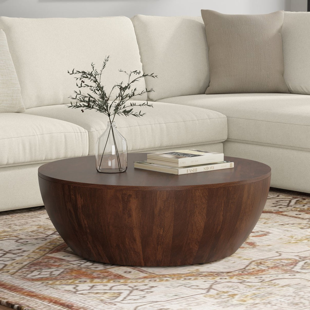 English Elm Elmbrook Round Mango Wood Coffee Table Low Profile Drum Design for Modern Living Rooms Walnut Brown B136P429098