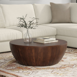English Elm Elmbrook Round Mango Wood Coffee Table Low Profile Drum Design for Modern Living Rooms Walnut Brown B136P429098