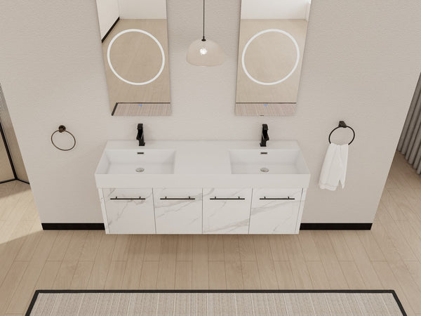 English Elm 60 Inch Wall-Mounted Bathroom Vanity With Double Resin Sinks, Modern Design, Storage & Style W999S00254