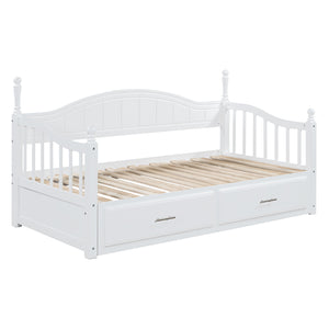 English Elm Wooden Twin Daybed with Trundle and Two Storage Drawers, Solid MDF Frame, Guardrails for Safety and Style White 43.5 L x 24.75 W x 6 H N733S173459K