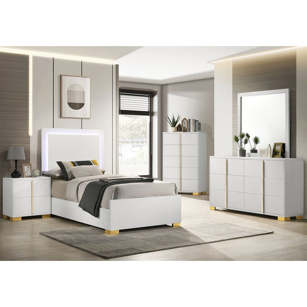 English Elm Jeremiah Twin Panel Bed with Touch Led Headboard Gold Feet Contemporary Bedroom White B062S01752