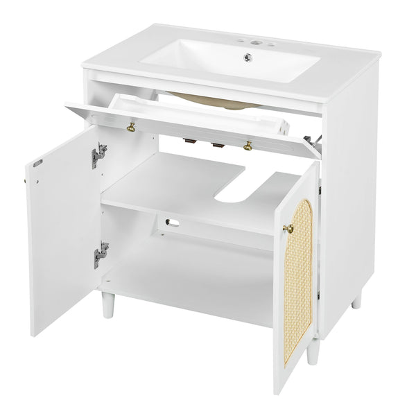 English Elm 30" Rattan Front Bathroom Vanity Solid Pine Cabinet with Ceramic Sink and Adjustable Shelf White N710P293988K