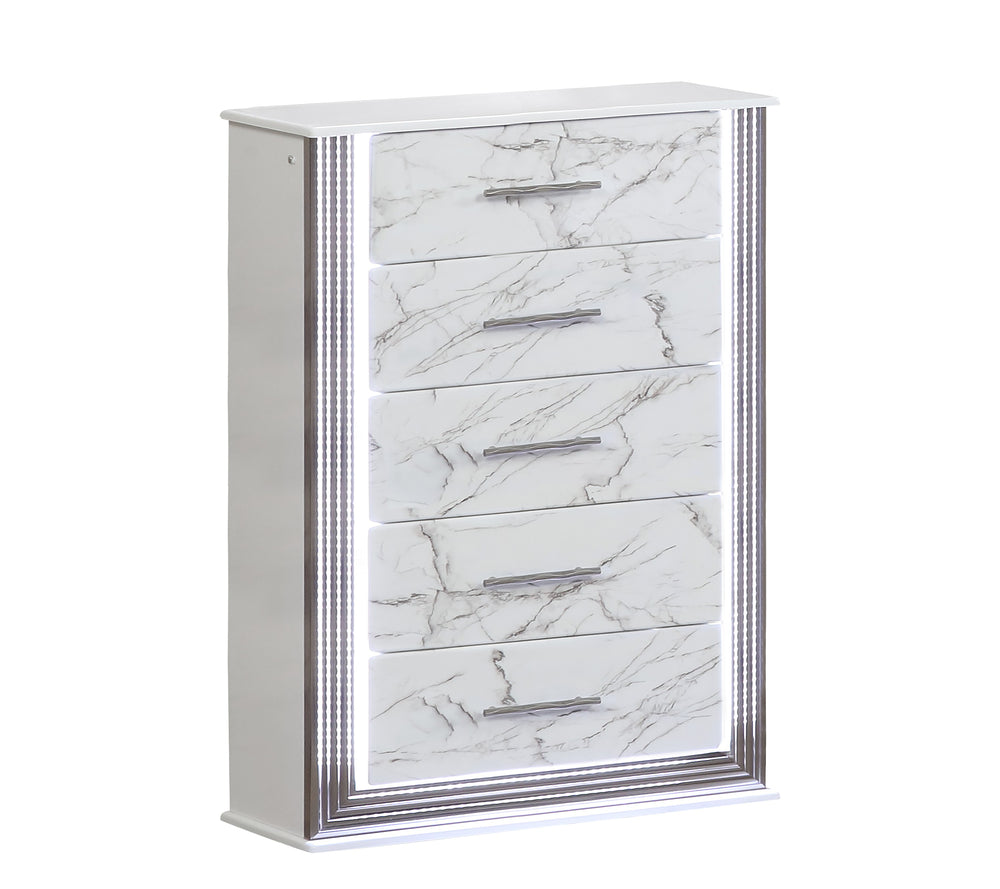 English Elm Desire White Chest with Marble-Pattern Drawers, LED Side Lighting & Metallic Trim, 5 Spacious Drawers G150109087