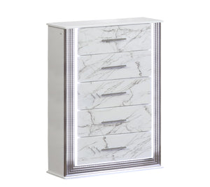 English Elm Desire White Chest with Marble-Pattern Drawers, LED Side Lighting & Metallic Trim, 5 Spacious Drawers G150109087