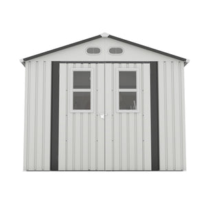 English Elm Outdoor Metal Storage Shed 8x8 Ft with Four Windows and Lockable Double Doors White W1598S00037