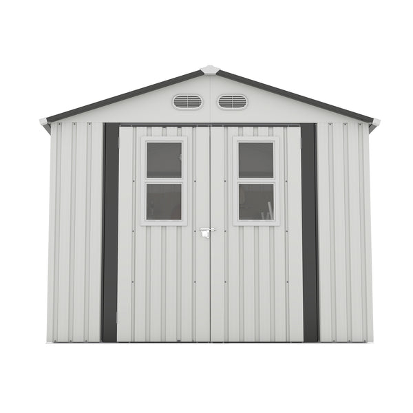 English Elm Outdoor Metal Storage Shed 8x8 Ft with Four Windows and Lockable Double Doors White W1598S00037