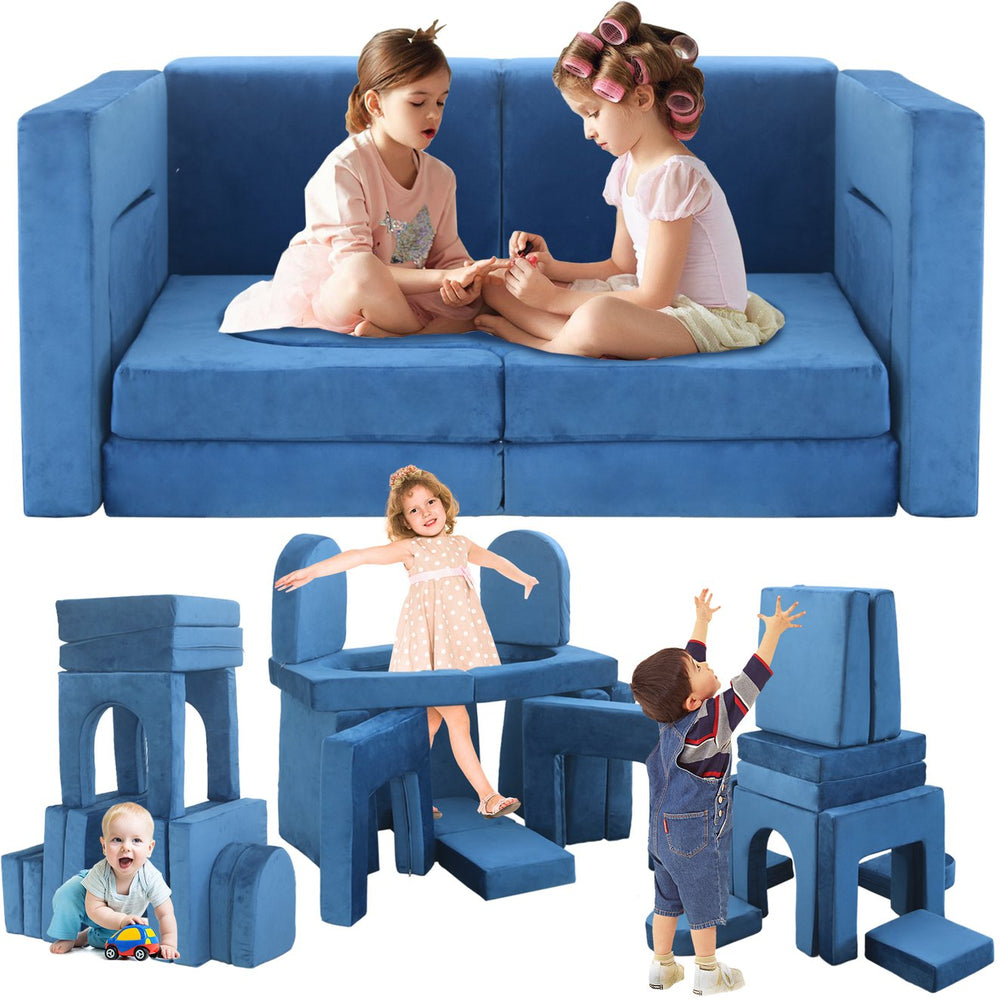 English Elm 12 Piece Modular Foam Play Couch Set Velvet Convertible Sofa Fort for Kids Playroom Blue T5880P493402