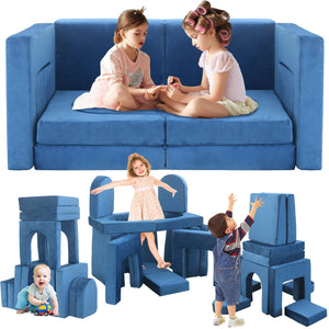 English Elm 12 Piece Modular Foam Play Couch Set Velvet Convertible Sofa Fort for Kids Playroom Blue T5880P493402
