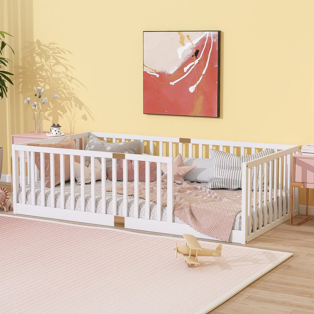 English Elm Twin House Frame Floor Bed Rubberwood with Roof Canopy and Safety Rails for Kids White W504P429530