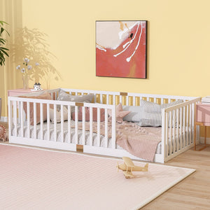 English Elm Twin House Frame Floor Bed Rubberwood with Roof Canopy and Safety Rails for Kids White W504P429530