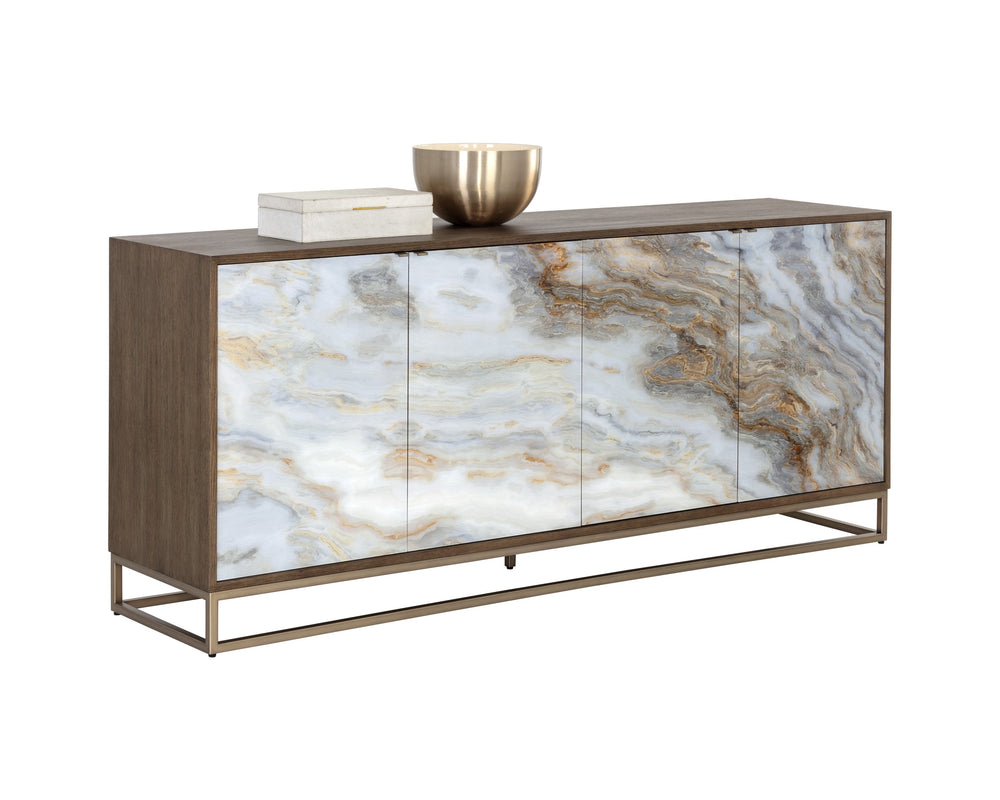 Sunpan Fuentes Sideboard - Luxurious Brown Oak Storage with Mother of Pearl Style & Soft Close Doors