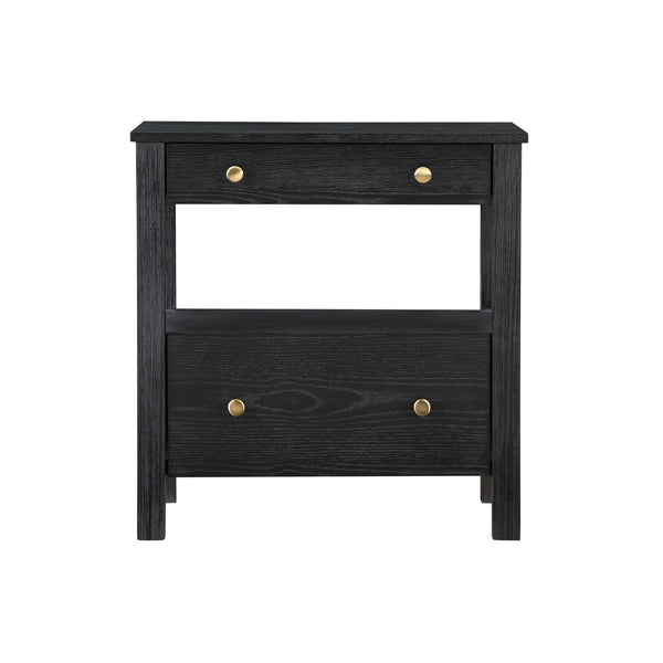 English Elm Danielle Modern 2-Drawer Nightstand in Black Oak Veneer with Gold Knobs, Smooth Glides & Shelf B050P376972